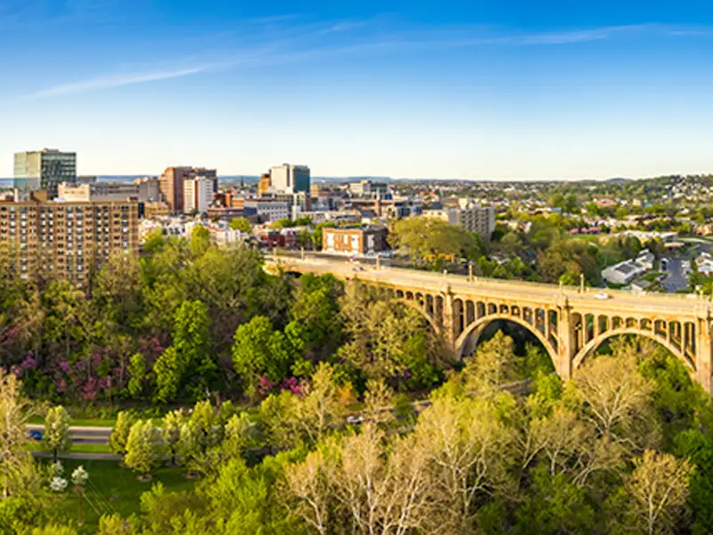 City skyline with a large arched bridge over a green, tree-filled area under a clear blue sky.