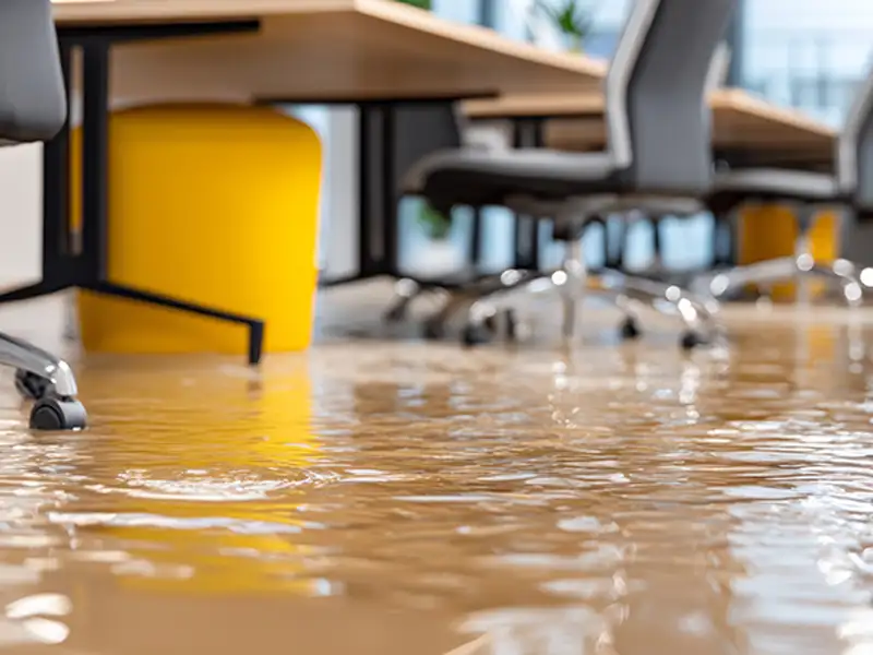 Office floor flooded with water around chairs and tables.