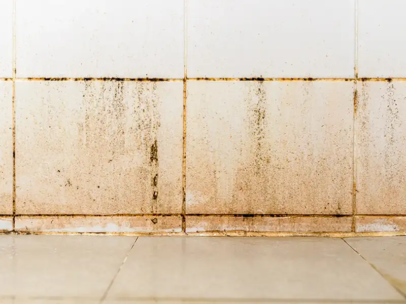 White tiled wall with heavy dirt and grime buildup near the bottom.