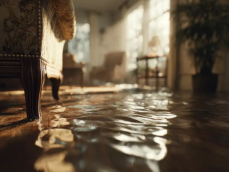 Water flooding a living room floor with furniture legs partially submerged.