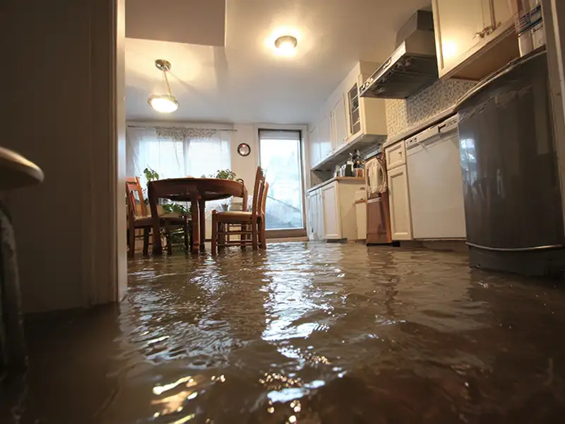 Floodwater covering the floor of a kitchen and dining area.