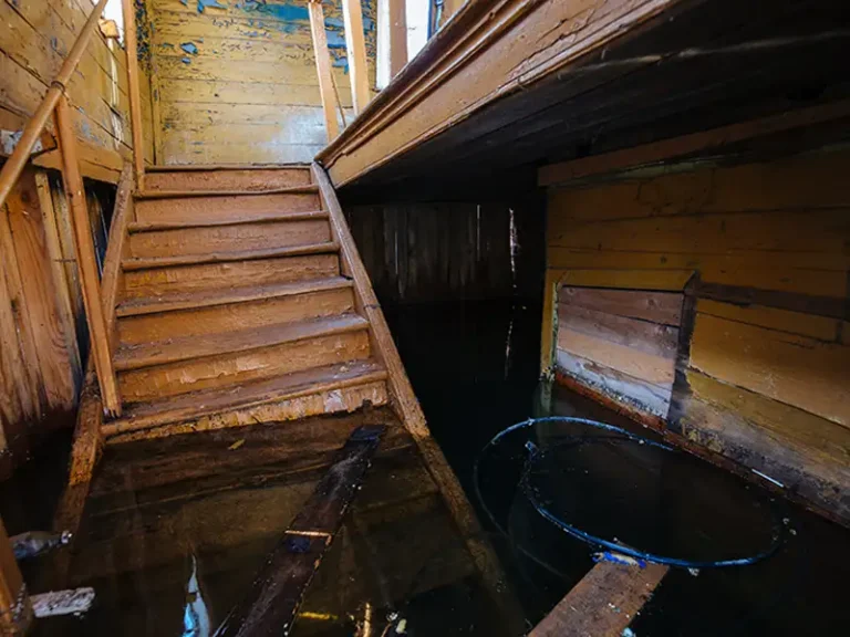 Flooded wooden basement with stairs partially submerged in water.
