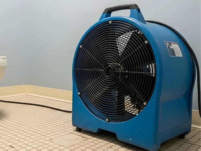 Large blue industrial floor fan on tiled floor in a room with light blue walls.