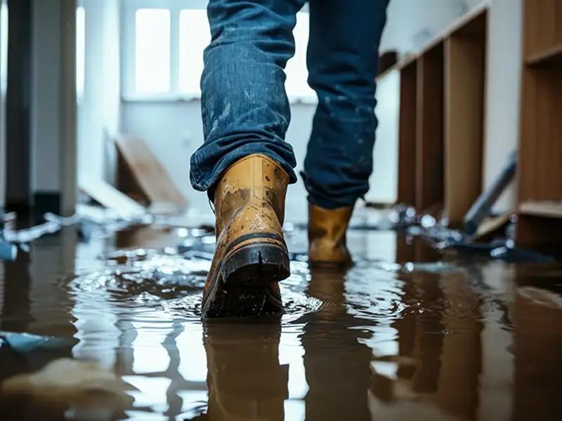 Person wearing yellow boots walking through a flooded indoor area with water on the floor.