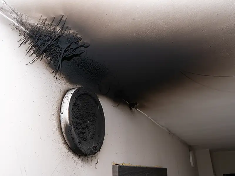 Black soot and burn marks around a circular vent on a white ceiling and wall corner.