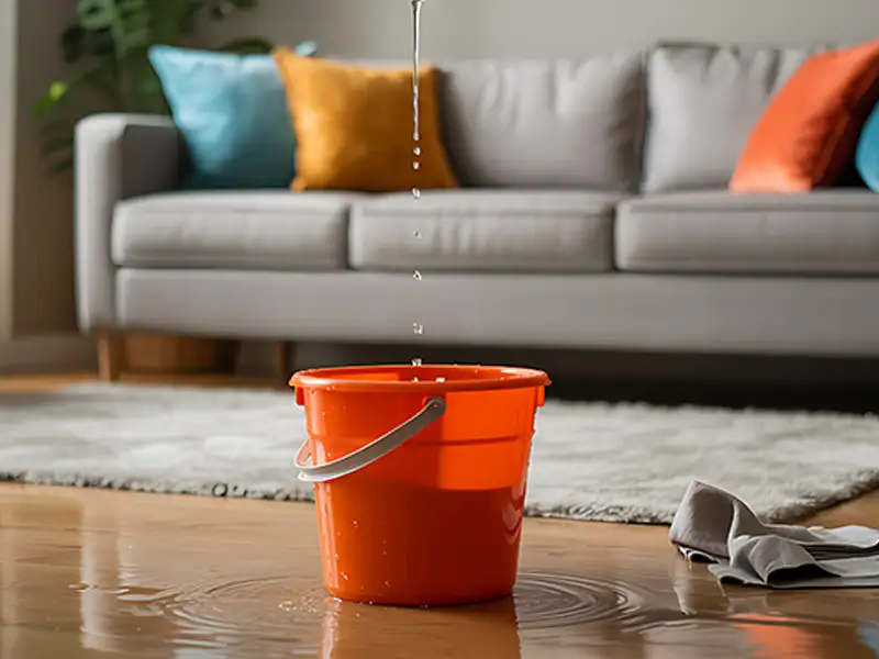 Orange bucket catching dripping water on a wooden floor with a gray couch in the background.
