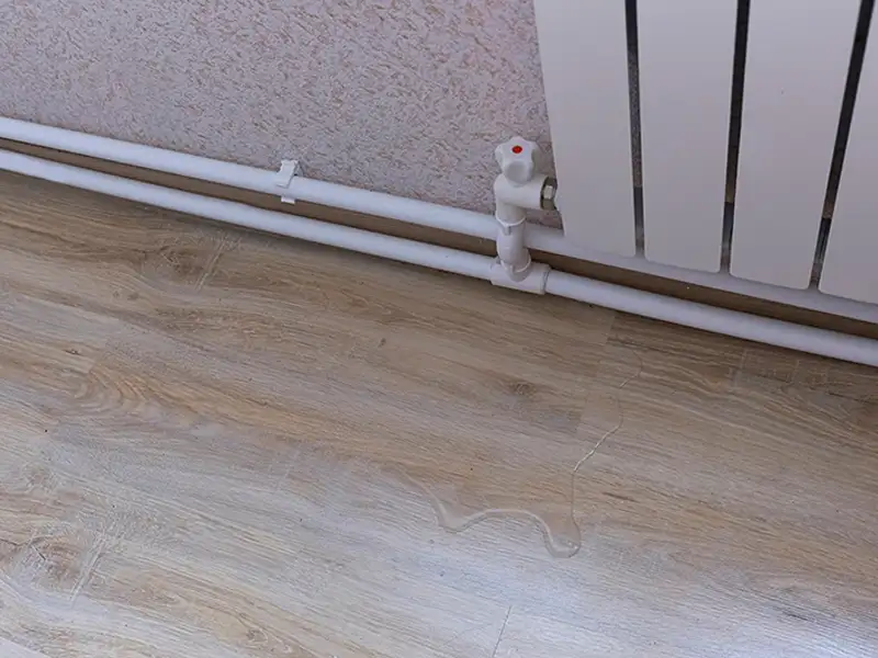 Water leak on wooden floor near white radiator pipes and valve.